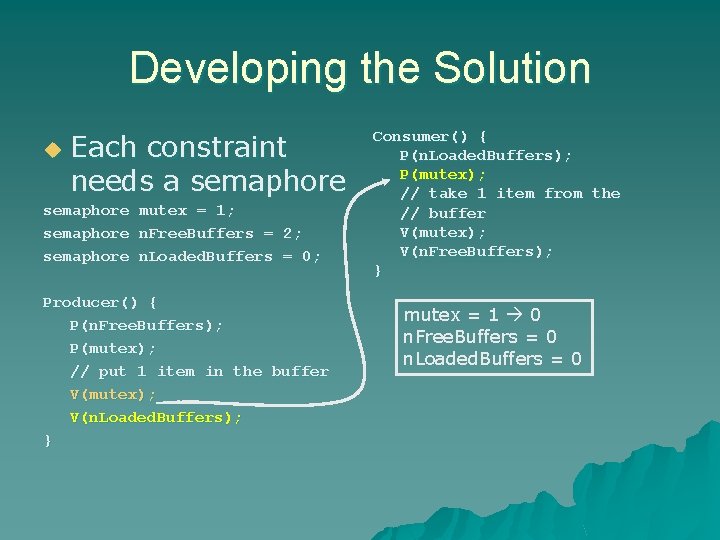 Developing the Solution u Each constraint needs a semaphore mutex = 1; semaphore n.