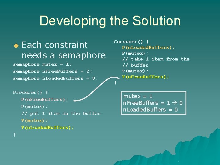 Developing the Solution u Each constraint needs a semaphore mutex = 1; semaphore n.