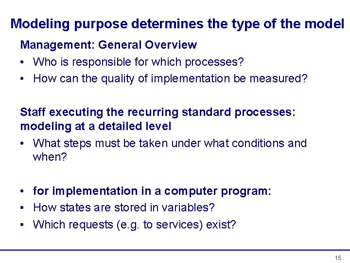 Modeling purpose determines the type of the model Management: General Overview • Who is Modeling purpose determines the type of the model Management: General Overview • Who is