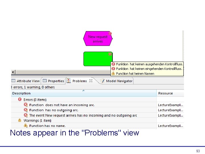 Notes appear in the "Problems" view 93  Notes appear in the "Problems" view 93