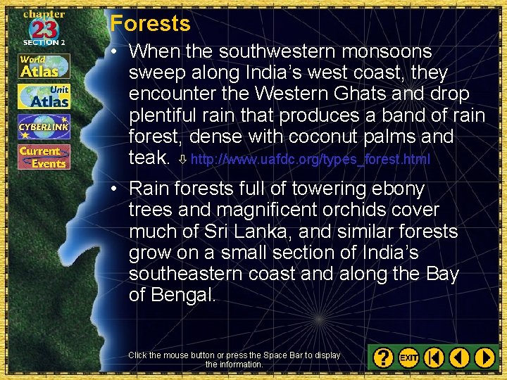 Forests • When the southwestern monsoons sweep along India’s west coast, they encounter the