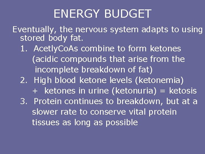 ENERGY BUDGET Eventually, the nervous system adapts to using stored body fat. 1. Acetly.