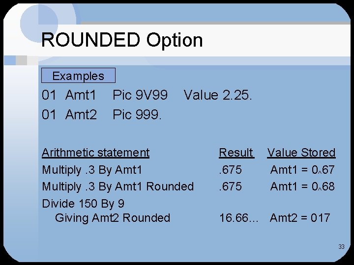 ROUNDED Option Examples 01 Amt 1 01 Amt 2 Pic 9 V 99 Pic
