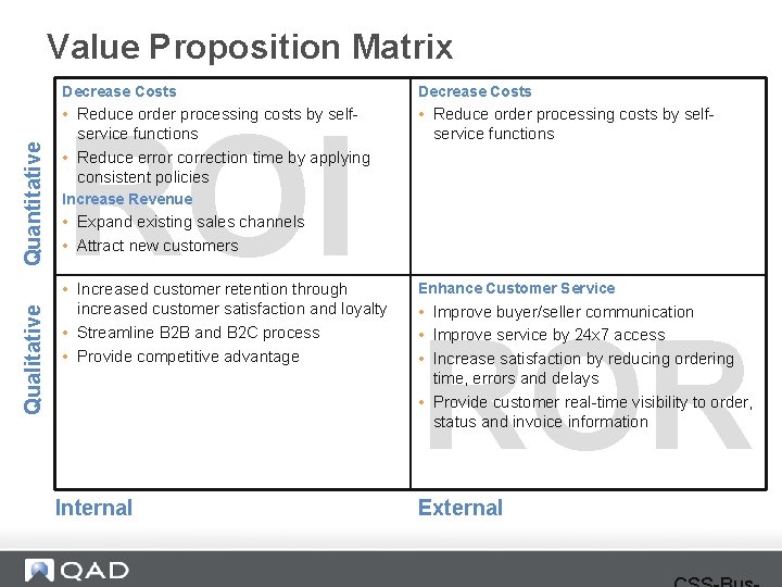 Qualitative Quantitative Value Proposition Matrix Decrease Costs • Reduce order processing costs by selfservice