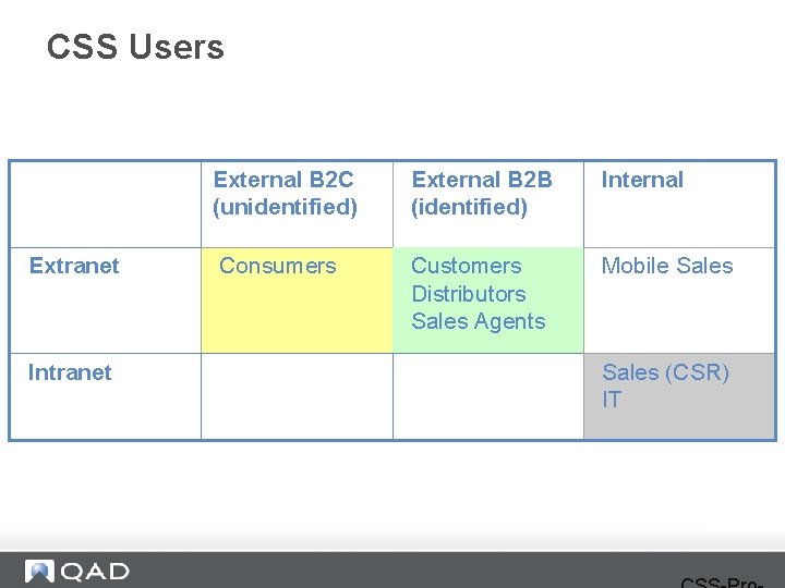 CSS Users Extranet Intranet External B 2 C (unidentified) External B 2 B (identified)