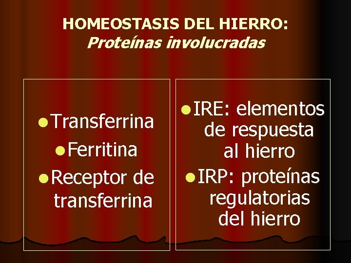 HOMEOSTASIS DEL HIERRO: Proteínas involucradas l Transferrina l Ferritina l Receptor de transferrina l