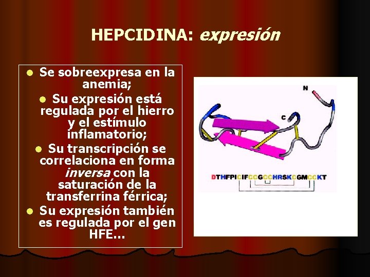 HEPCIDINA: expresión Se sobreexpresa en la anemia; l Su expresión está regulada por el