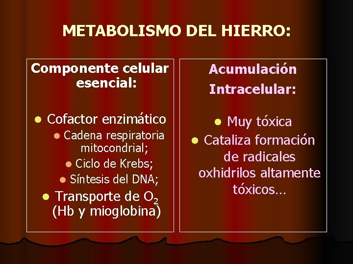 METABOLISMO DEL HIERRO: Componente celular esencial: l Cofactor enzimático Cadena respiratoria mitocondrial; l Ciclo