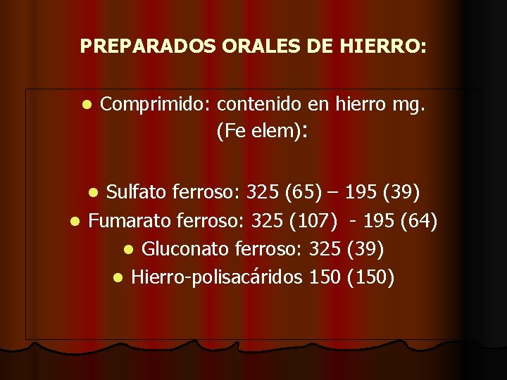 PREPARADOS ORALES DE HIERRO: l Comprimido: contenido en hierro mg. (Fe elem): Sulfato ferroso:
