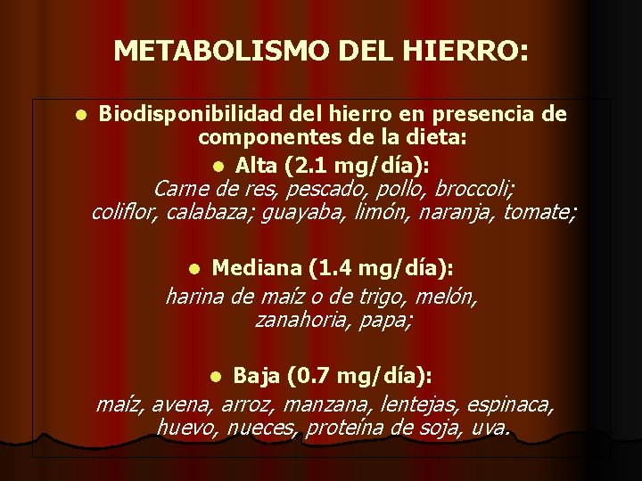 METABOLISMO DEL HIERRO: l Biodisponibilidad del hierro en presencia de componentes de la dieta: