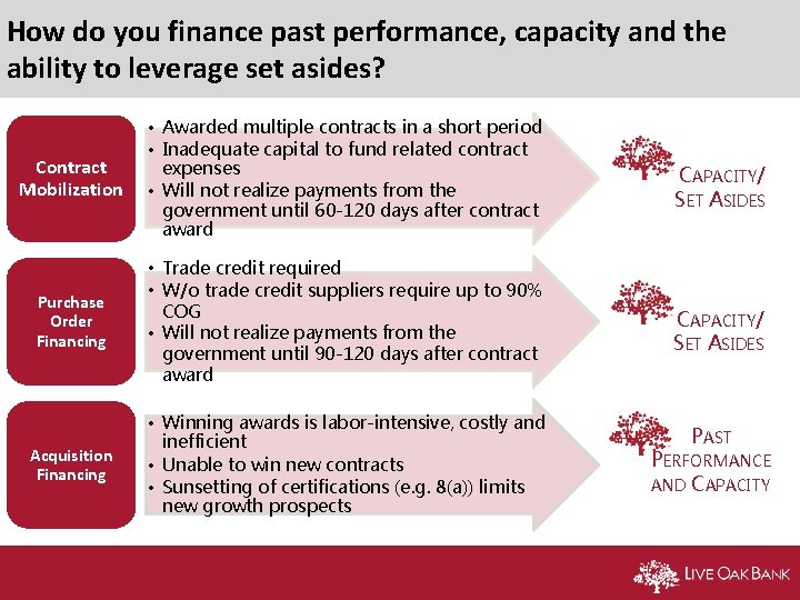 How do you finance past performance, capacity and the ability to leverage set asides?