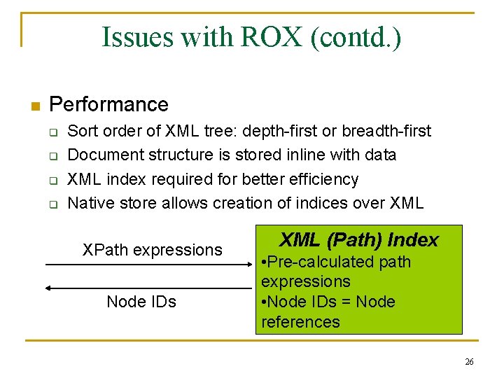 Issues with ROX (contd. ) n Performance q q Sort order of XML tree: Issues with ROX (contd. ) n Performance q q Sort order of XML tree:
