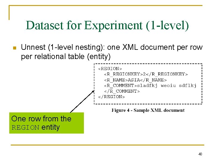 Dataset for Experiment (1 -level) n Unnest (1 -level nesting): one XML document per Dataset for Experiment (1 -level) n Unnest (1 -level nesting): one XML document per