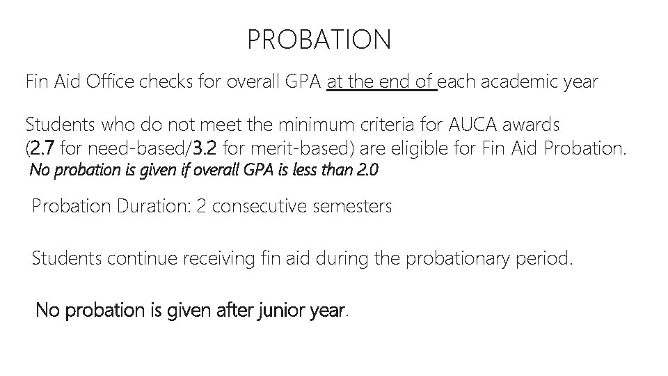 PROBATION Fin Aid Office checks for overall GPA at the end of each academic