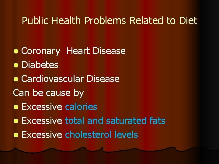 Public Health Problems Related to Diet l Coronary Heart Disease l Diabetes l Cardiovascular
