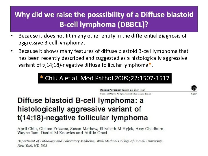 Why did we raise the posssibility of a Diffuse blastoid B-cell lymphoma (DBBCL)? •