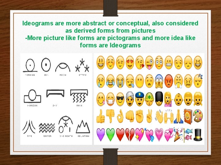 Ideograms are more abstract or conceptual, also considered as derived forms from pictures -More