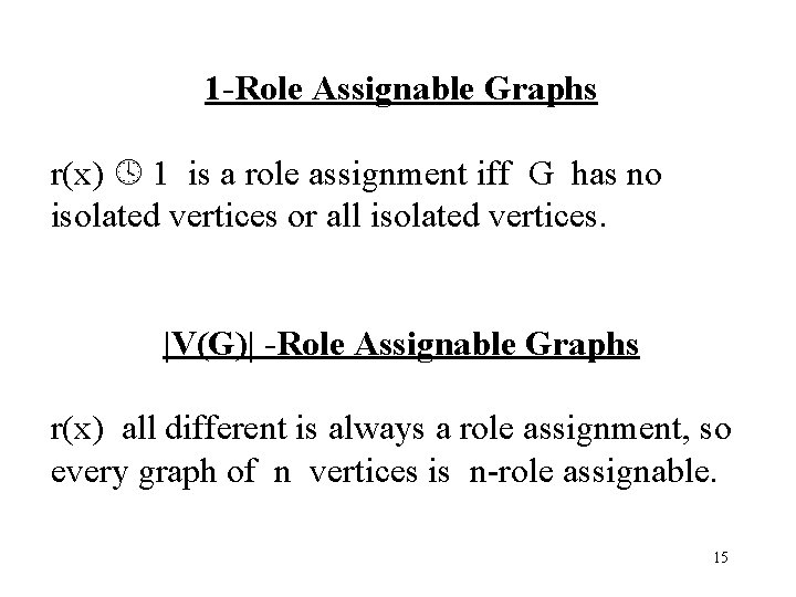 1 -Role Assignable Graphs r(x) 1 is a role assignment iff G has no