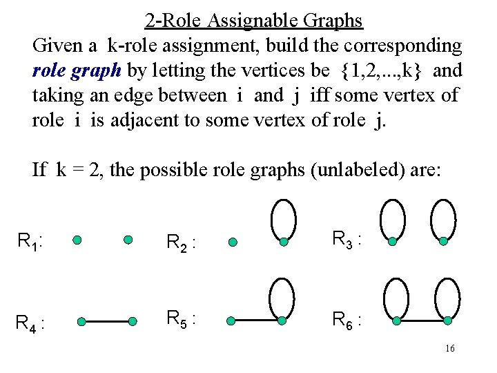 2 -Role Assignable Graphs Given a k-role assignment, build the corresponding role graph by