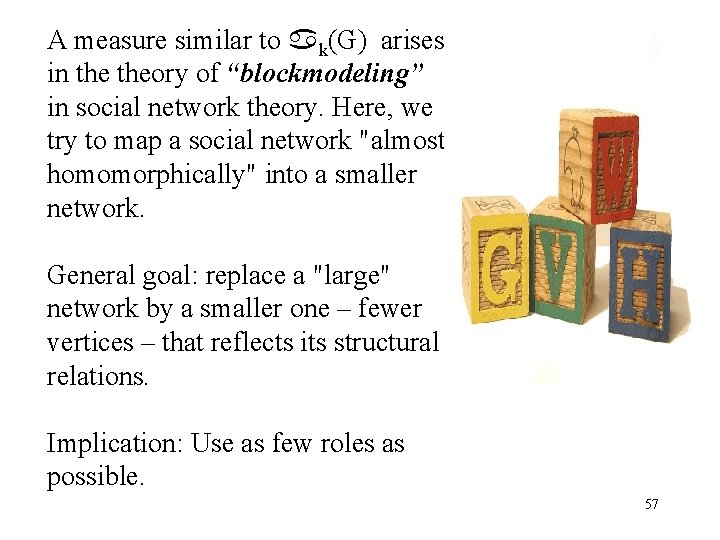 A measure similar to k(G) arises in theory of “blockmodeling” in social network theory.