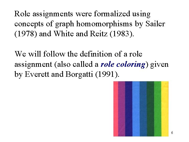 Role assignments were formalized using concepts of graph homomorphisms by Sailer (1978) and White