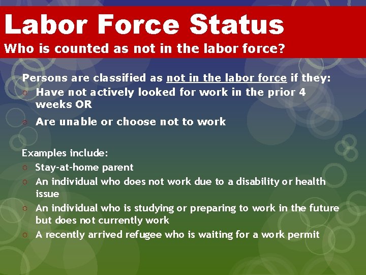 Labor Force Status Who is counted as not in the labor force? Persons are