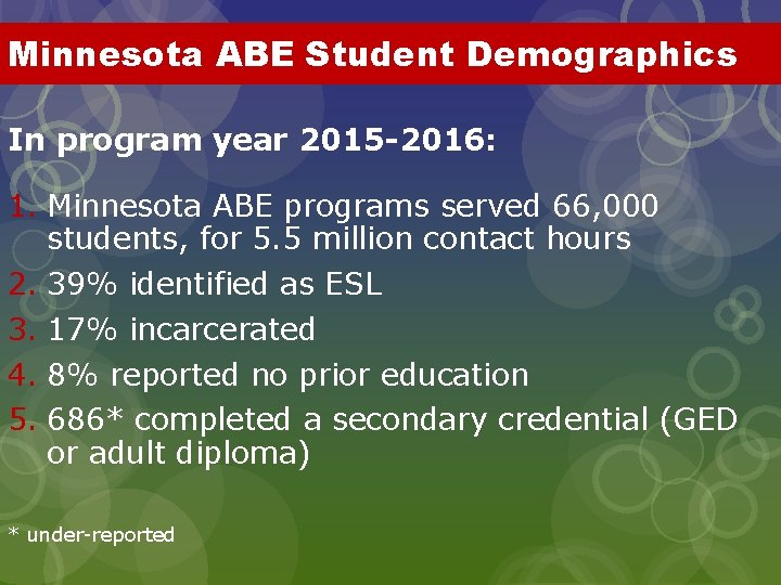 Minnesota ABE Student Demographics In program year 2015 -2016: 1. Minnesota ABE programs served