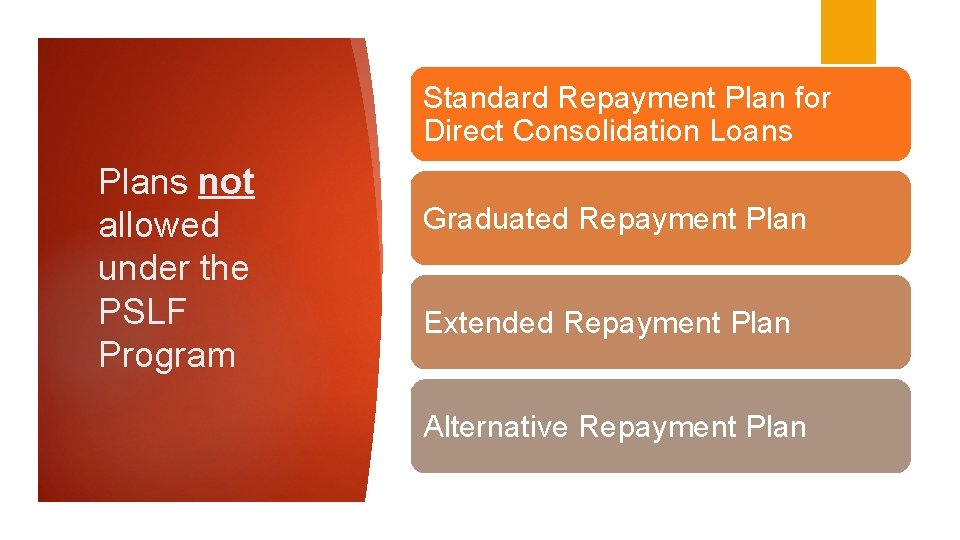 Standard Repayment Plan for Direct Consolidation Loans Plans not allowed under the PSLF Program