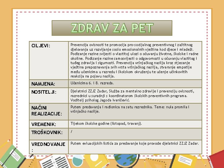 ZDRAV ZA PET CILJEVI: Prevencija ovisnosti te promocija pro-socijalnog preventivnog i zaštitnog djelovanja uz