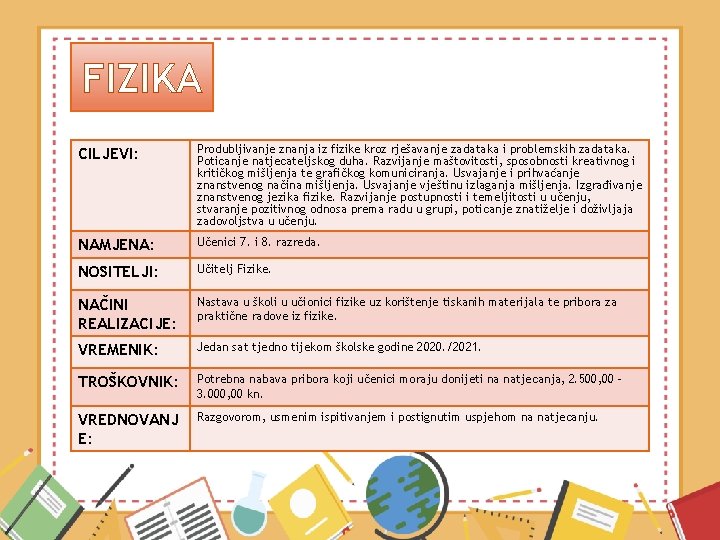 FIZIKA CILJEVI: Produbljivanje znanja iz fizike kroz rješavanje zadataka i problemskih zadataka. Poticanje natjecateljskog