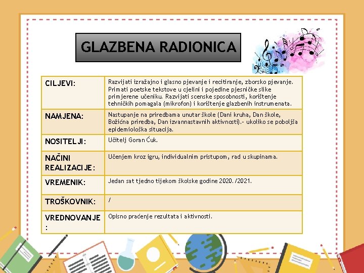 GLAZBENA RADIONICA CILJEVI: Razvijati izražajno i glasno pjevanje i recitiranje, zborsko pjevanje. Primati poetske