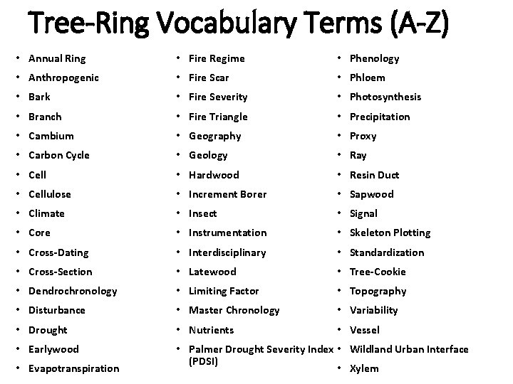 Tree-Ring Vocabulary Terms (A-Z) • Annual Ring • Fire Regime • Phenology • Anthropogenic