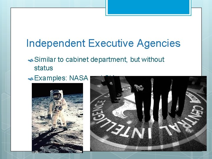 Independent Executive Agencies Similar to cabinet department, but without status Examples: NASA and CIA