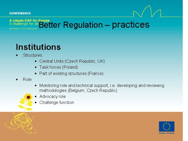Better Regulation – practices Institutions § § Structures: § Central Units (Czech Republic, UK)