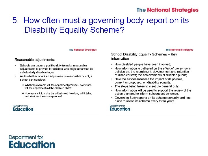 5. How often must a governing body report on its Disability Equality Scheme? 