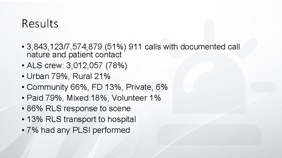 Results • 3, 843, 123/7, 574, 879 (51%) 911 calls with documented call nature