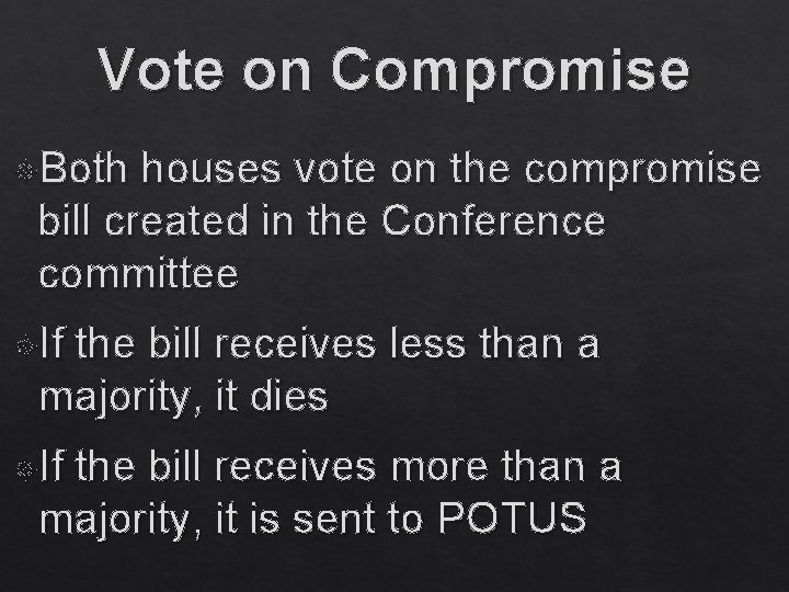 Vote on Compromise Both houses vote on the compromise bill created in the Conference