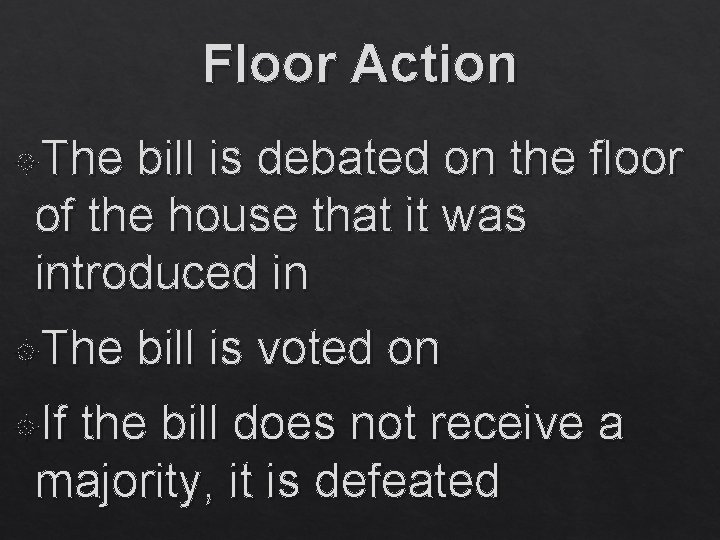 Floor Action The bill is debated on the floor of the house that it