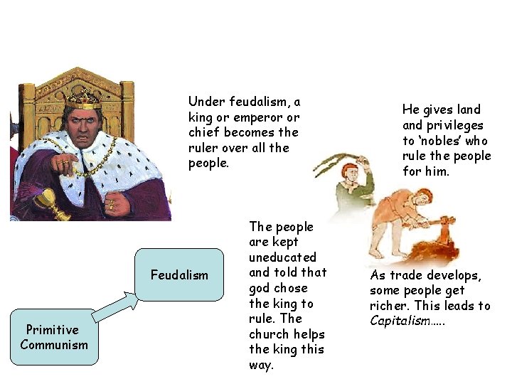 Under feudalism, a king or emperor or chief becomes the ruler over all the