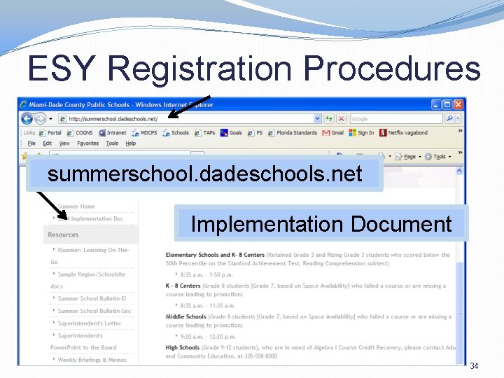 ESY Registration Procedures summerschool. dadeschools. net Implementation Document 34 