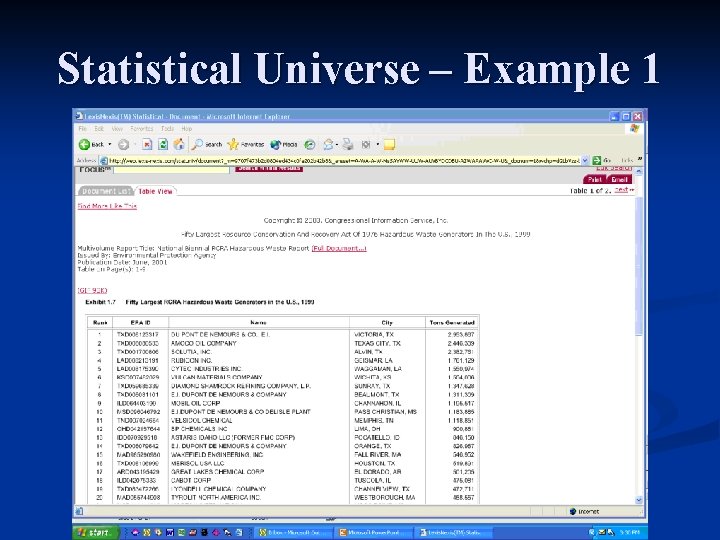 Statistical Universe – Example 1 