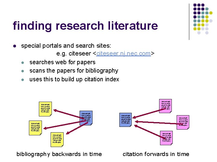 finding research literature l special portals and search sites: e. g. citeseer <citeseer. nj.