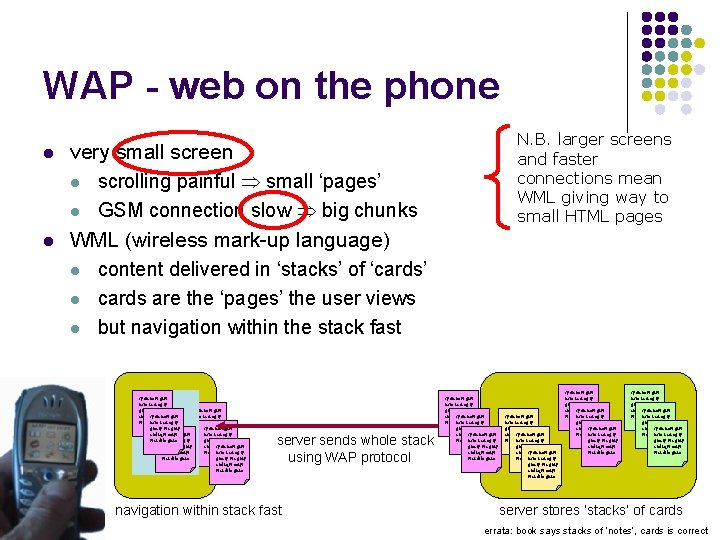 WAP - web on the phone l l N. B. larger screens and faster