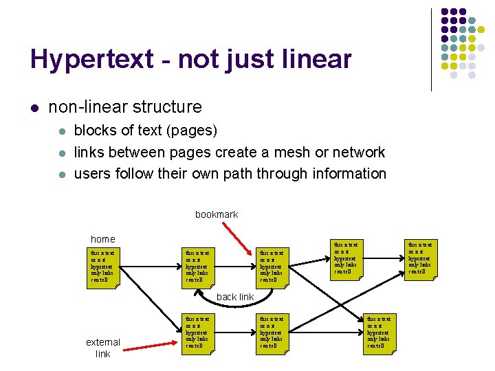 Hypertext - not just linear l non-linear structure l l l blocks of text