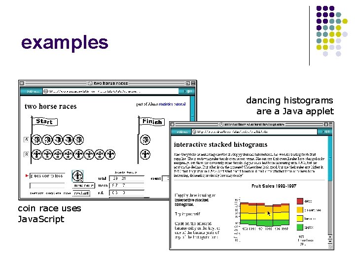 examples l … TO DO … … coin race uses Java. Script dancing histograms