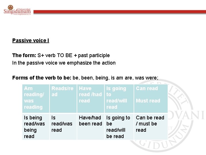 Passive voice I The form: S+ verb TO BE + past participle In the