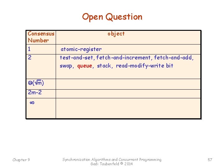 Open Question Consensus Number 1 2 object atomic-register test-and-set, fetch-and-increment, fetch-and-add, swap, queue, stack,