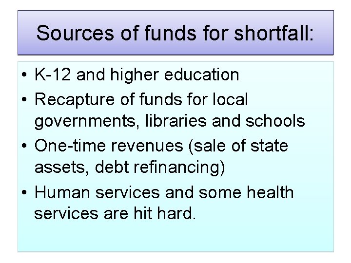 Sources of funds for shortfall: • K-12 and higher education • Recapture of funds