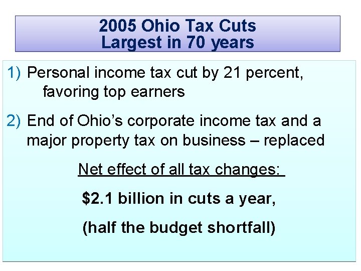 2005 Ohio Tax Cuts Largest in 70 years 1) Personal income tax cut by