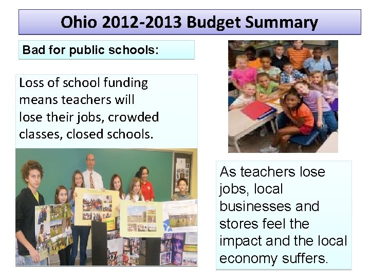 Ohio 2012 -2013 Budget Summary Bad for public schools: Loss of school funding means